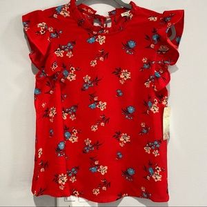 NEW Lily White Flutter Sleeve Red Floral Top Size Small
